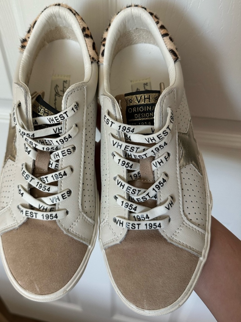 Vintage Havana White Sneakers with Tan Suede Toe & Leopard Heel